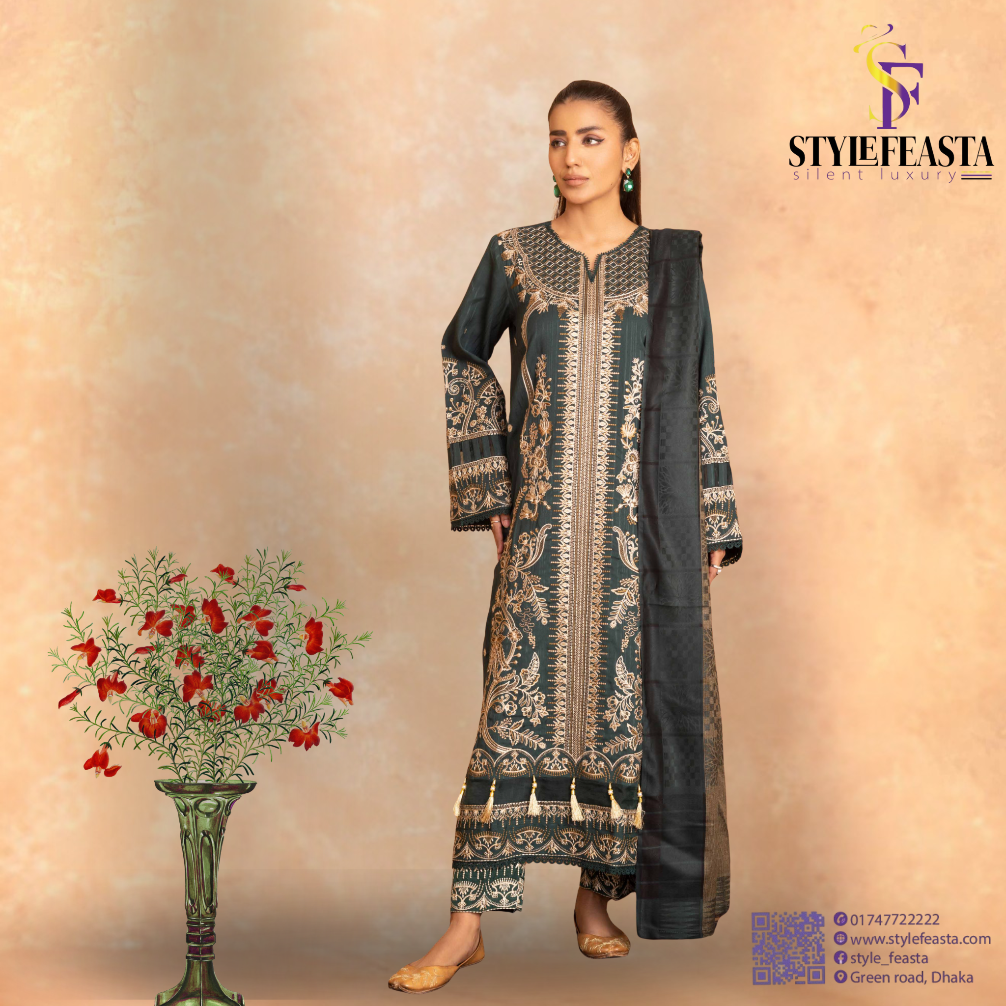 Untitled design-164 Amaaj By Johra Luxury Embroidered Unstitched 3 Piece Suit Grey - Winter Collection - Image 1
