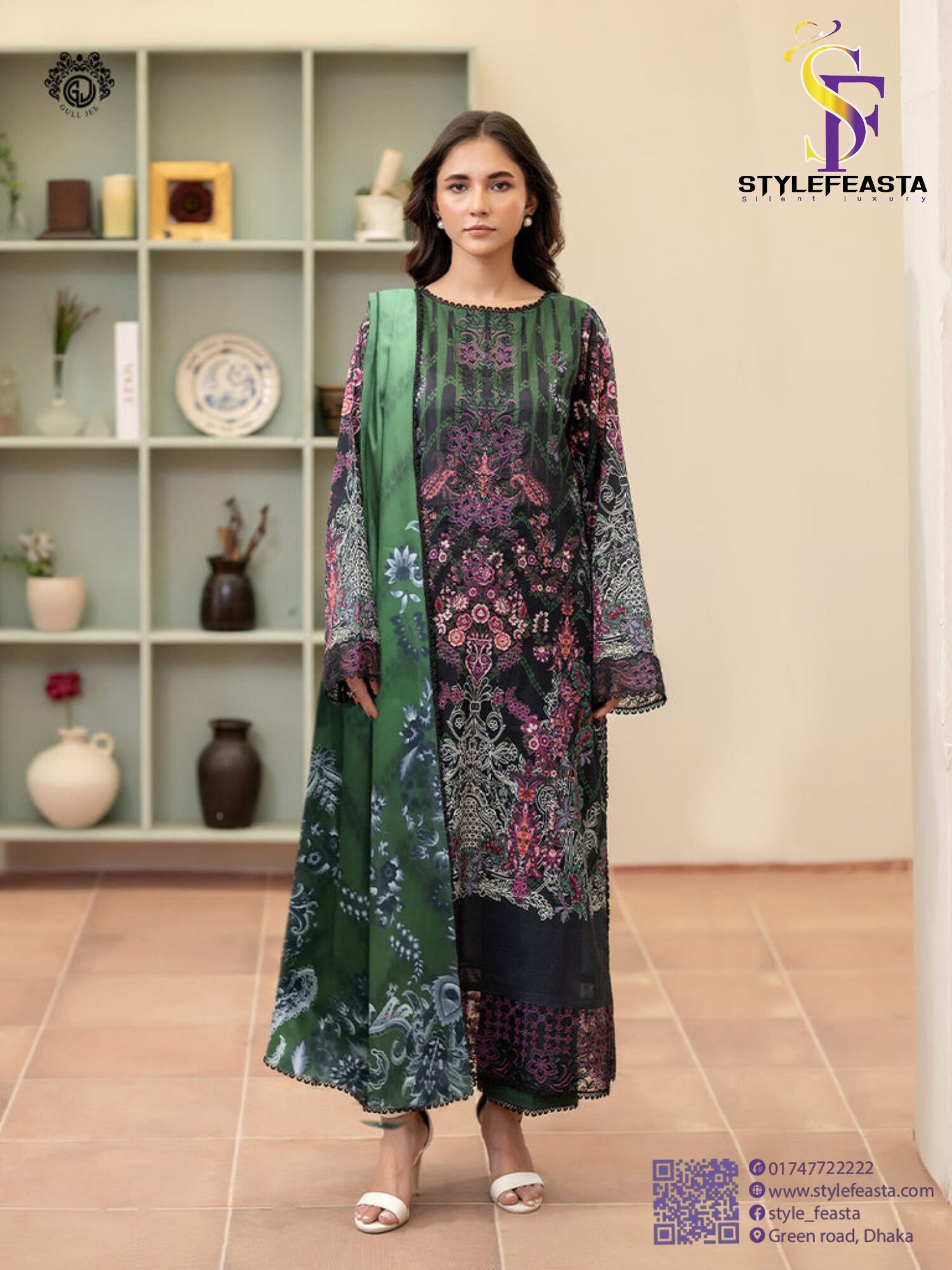 Untitled design-180 Morja by Guljii Pakistani Digital Printed Lawn Dress with Organza Lace - Image 1